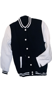 a black and white varsity jacket