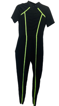 a women's black and neon green jumpsuit