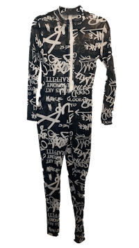 a black and white pajama with graffiti on it